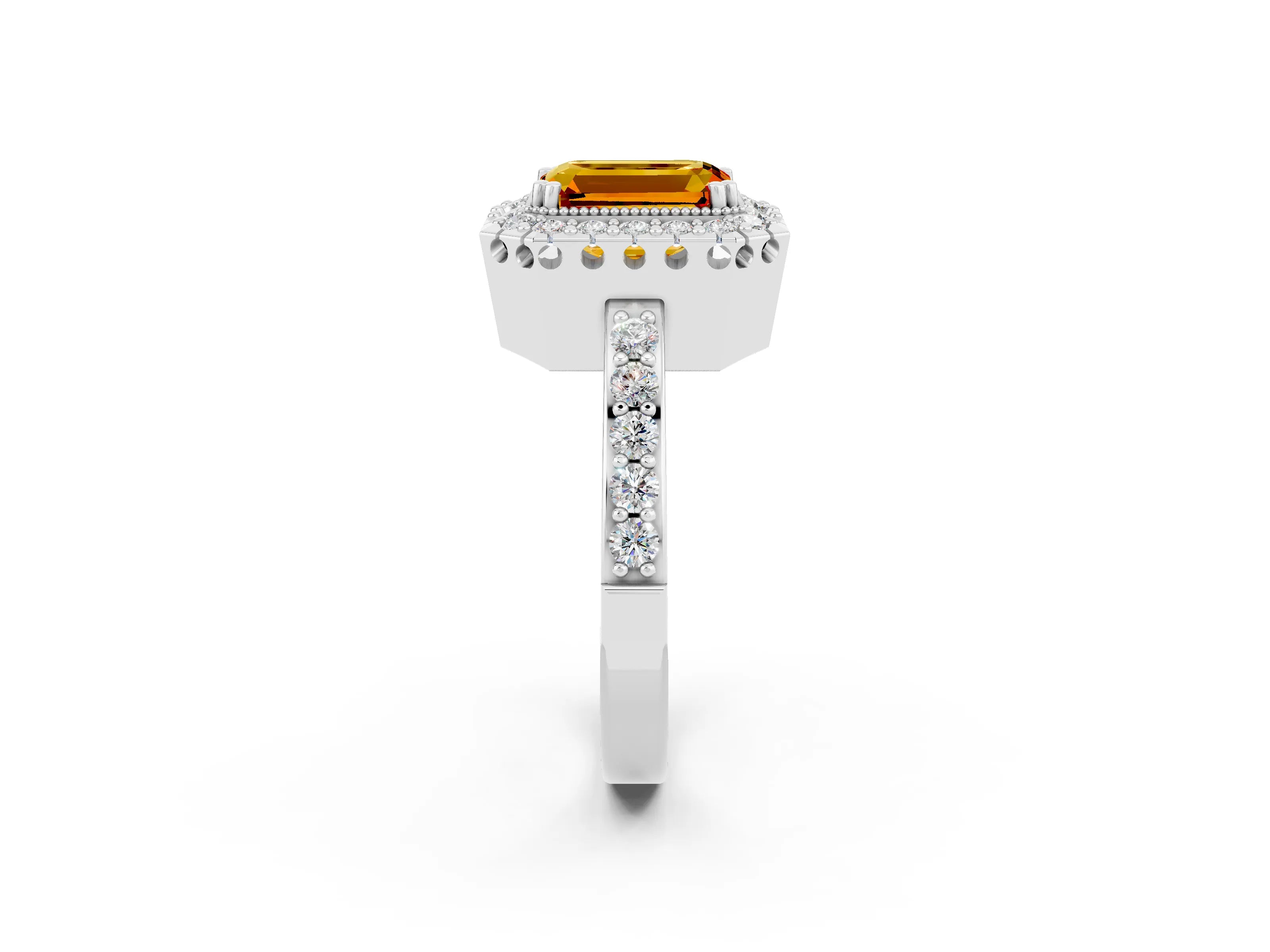 White gold Emerald Cut Citrine Halo Ring with Pavé Band and Prong Setting_2