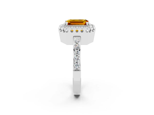 Platinum Emerald Cut Citrine Halo Ring with Pavé Band and Prong Setting