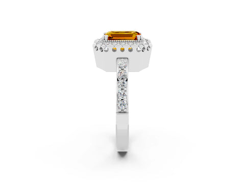 White gold Emerald Cut Citrine Halo Ring with Pavé Band and Prong Setting_2