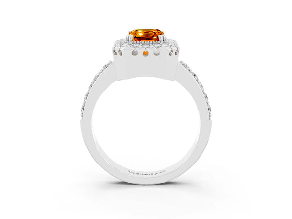 Platinum Emerald Cut Citrine Halo Ring with Pavé Band and Prong Setting