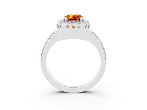 White gold Emerald Cut Citrine Halo Ring with Pavé Band and Prong Setting_3