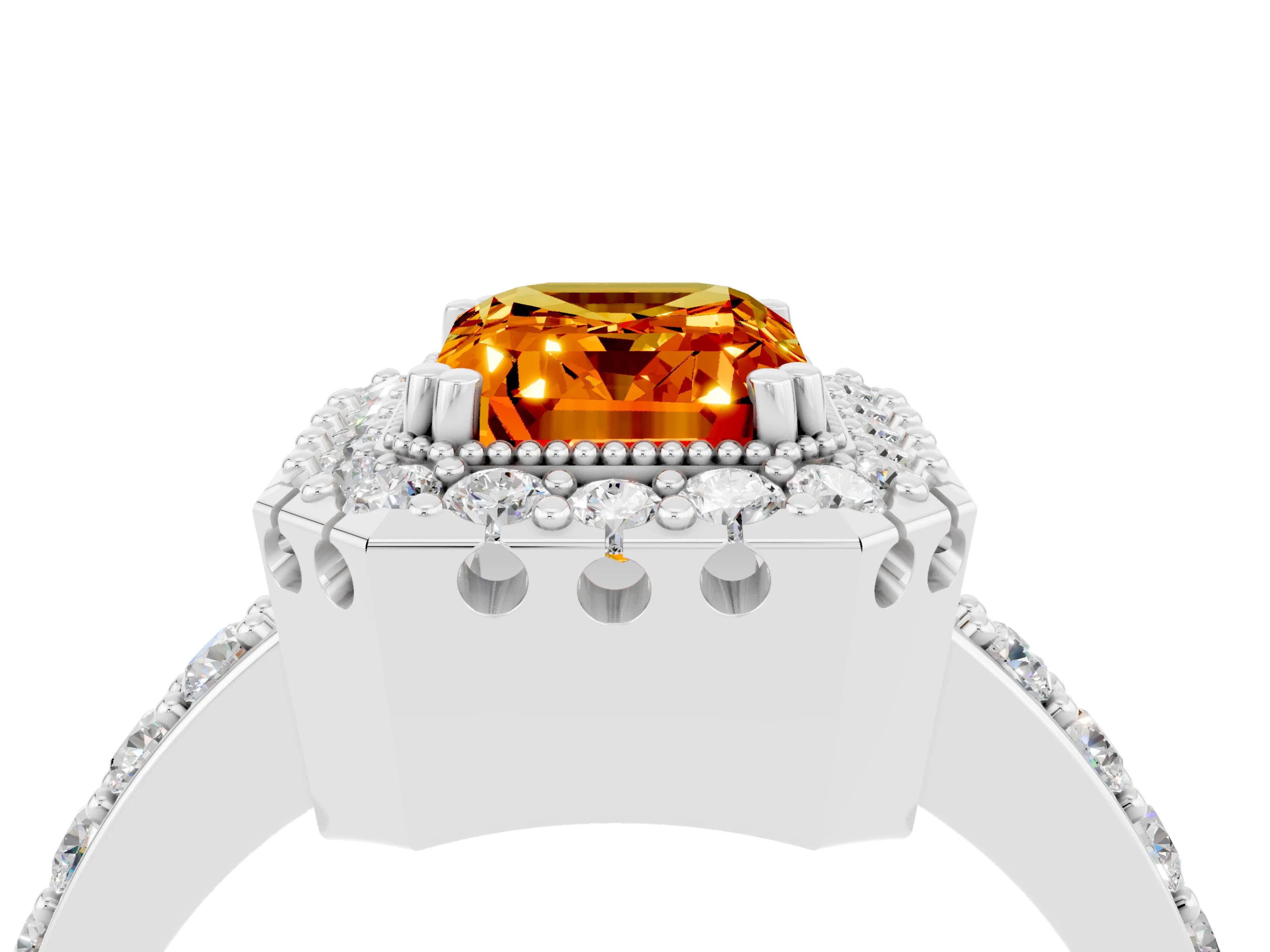 White gold Emerald Cut Citrine Halo Ring with Pavé Band and Prong Setting_4