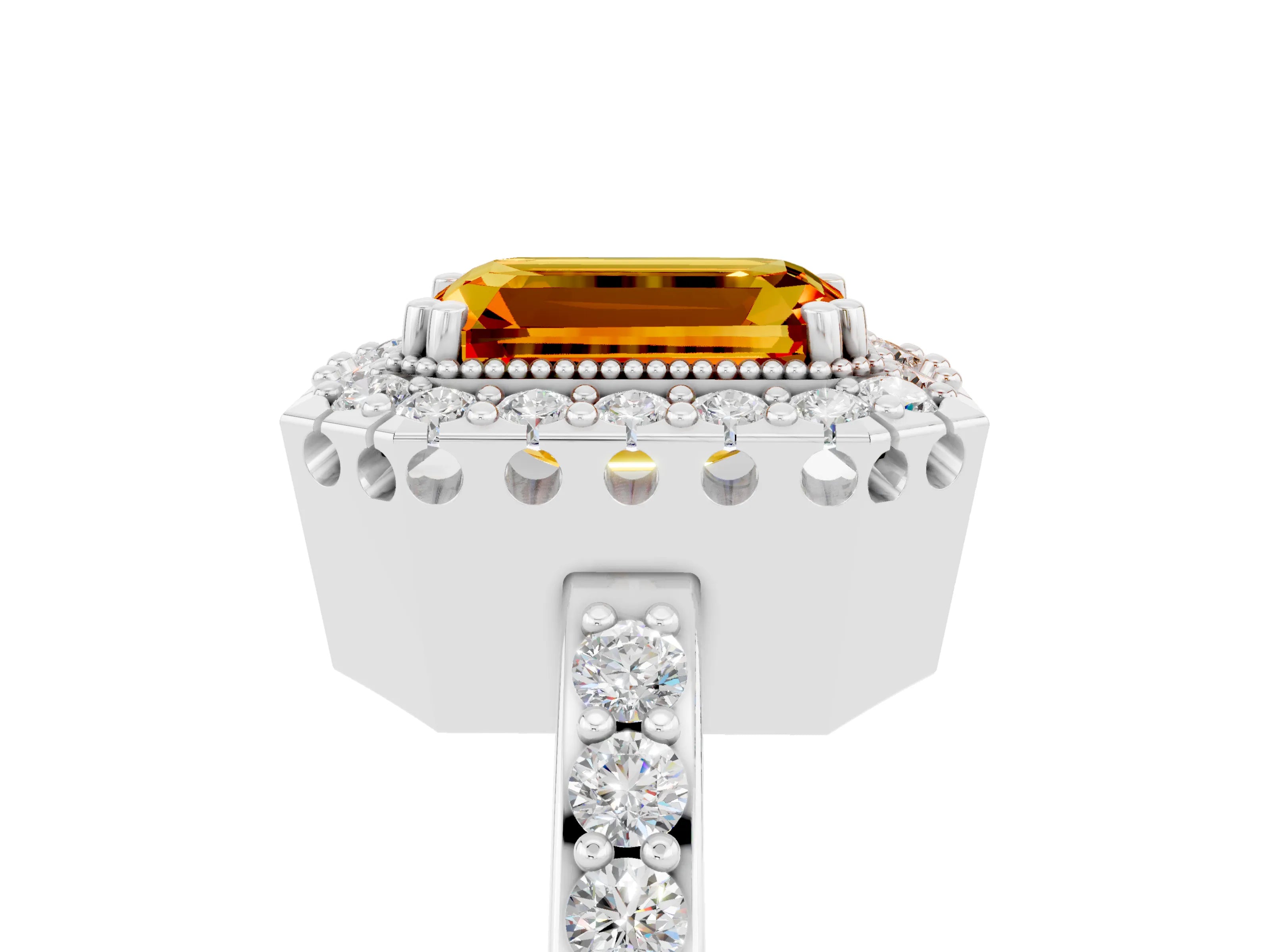 White gold Emerald Cut Citrine Halo Ring with Pavé Band and Prong Setting_5