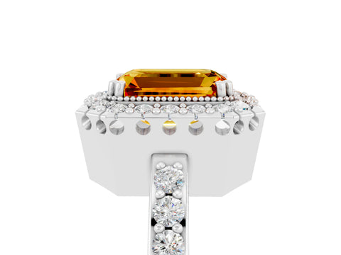 White gold Emerald Cut Citrine Halo Ring with Pavé Band and Prong Setting_5