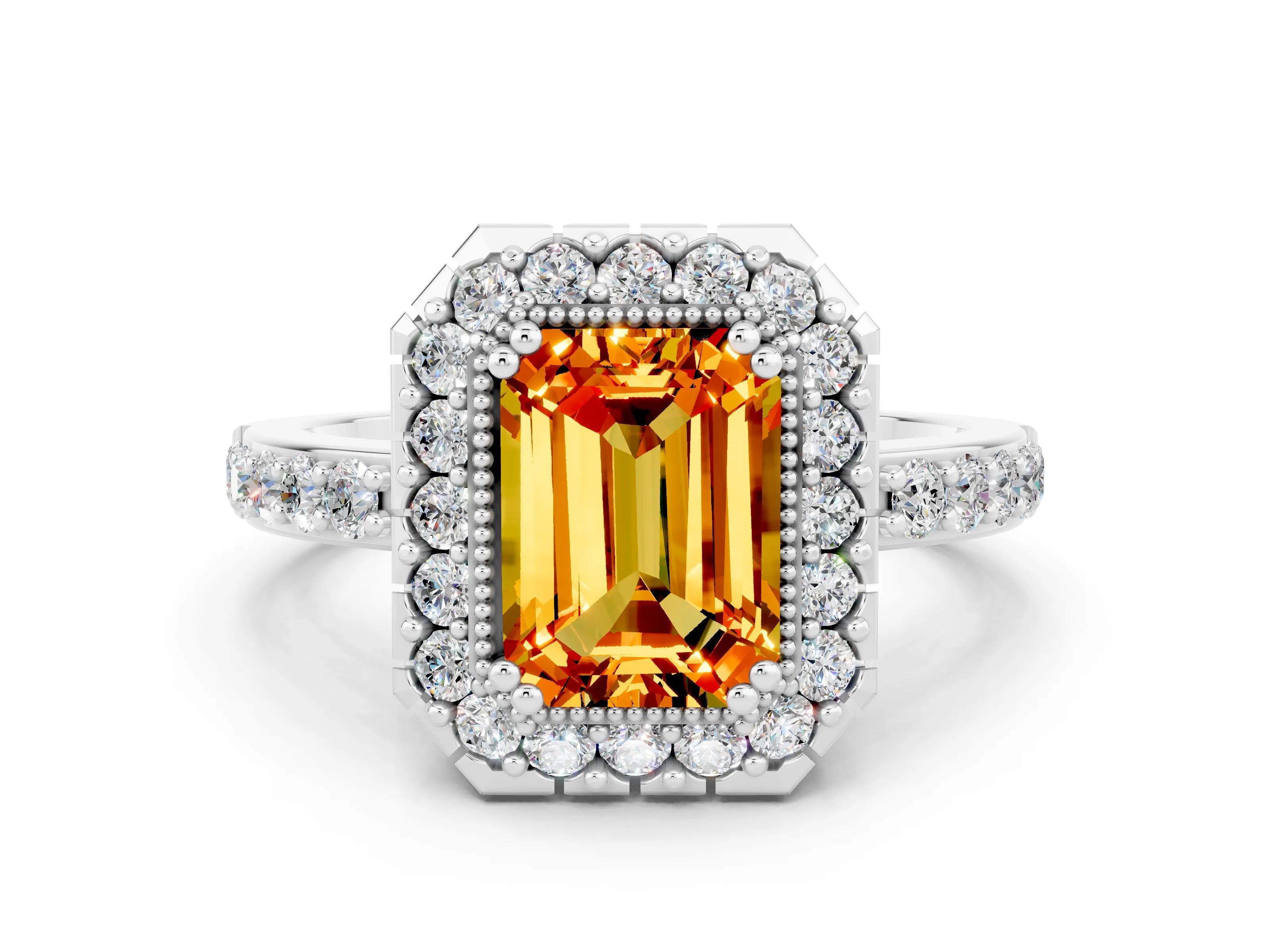 White gold Emerald Cut Citrine Halo Ring with Pavé Band and Prong Setting