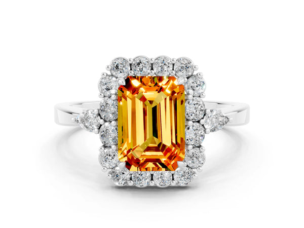 Platinum Emerald Cut Citrine Halo Ring with Pear Side Stones and Prong Setting