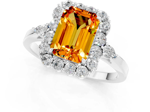 Platinum Emerald Cut Citrine Halo Ring with Pear Side Stones and Prong Setting