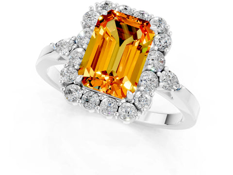 White gold Emerald Cut Citrine Halo Ring with Pear Side Stones and Prong Setting_25