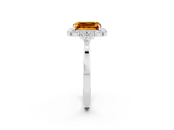 Platinum Emerald Cut Citrine Halo Ring with Pear Side Stones and Prong Setting