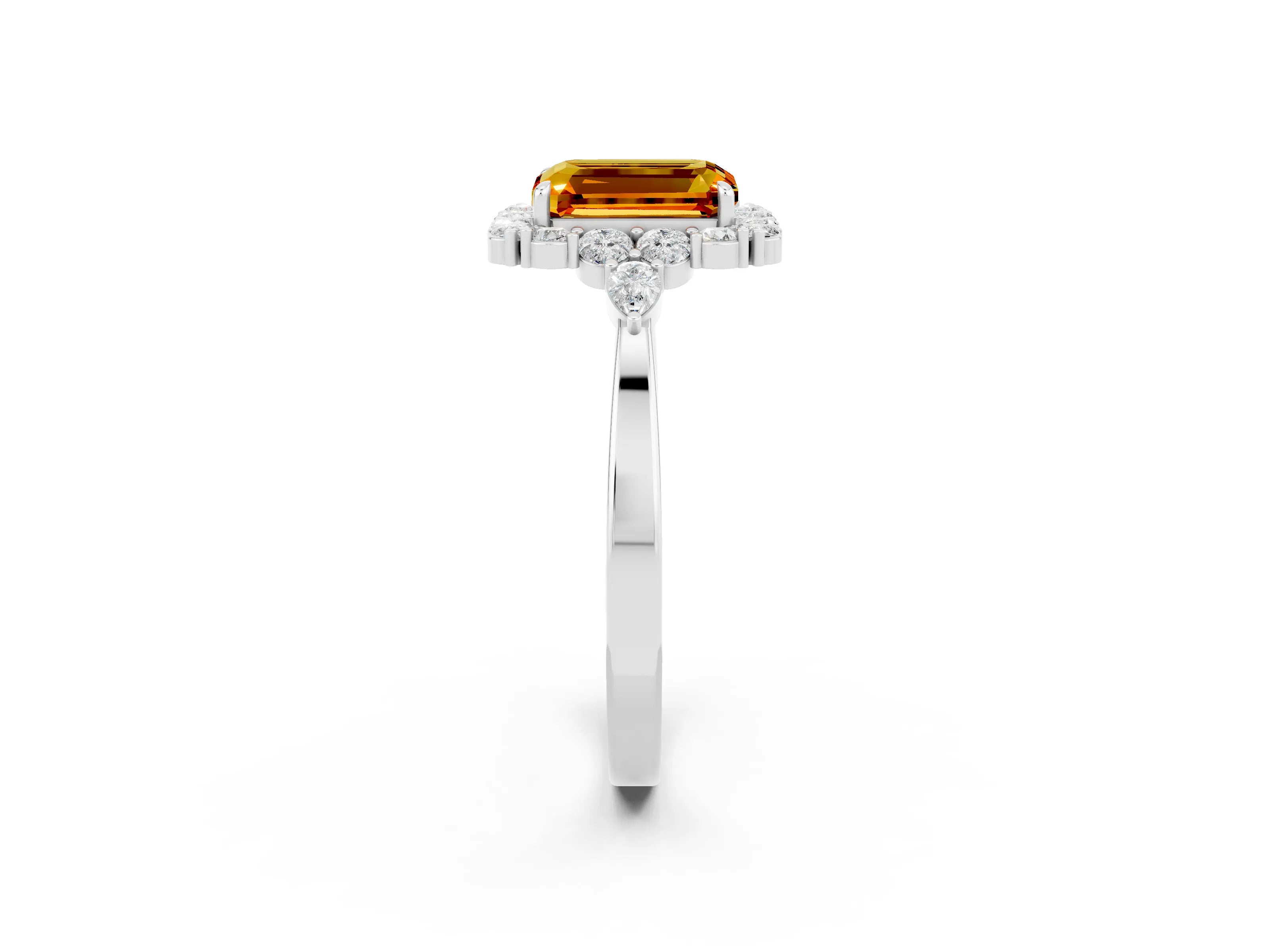 White gold Emerald Cut Citrine Halo Ring with Pear Side Stones and Prong Setting_26