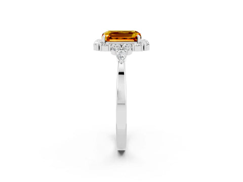 White gold Emerald Cut Citrine Halo Ring with Pear Side Stones and Prong Setting_26