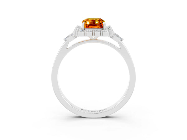 Platinum Emerald Cut Citrine Halo Ring with Pear Side Stones and Prong Setting