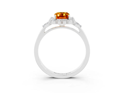 White gold Emerald Cut Citrine Halo Ring with Pear Side Stones and Prong Setting_27