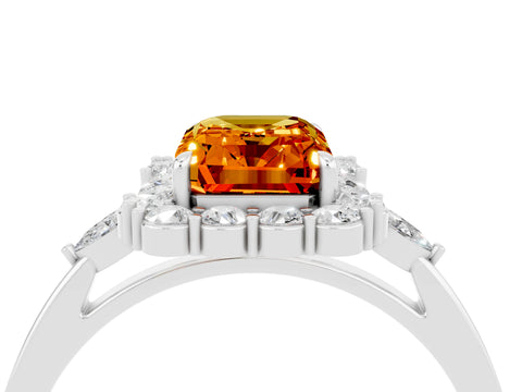 White gold Emerald Cut Citrine Halo Ring with Pear Side Stones and Prong Setting_28