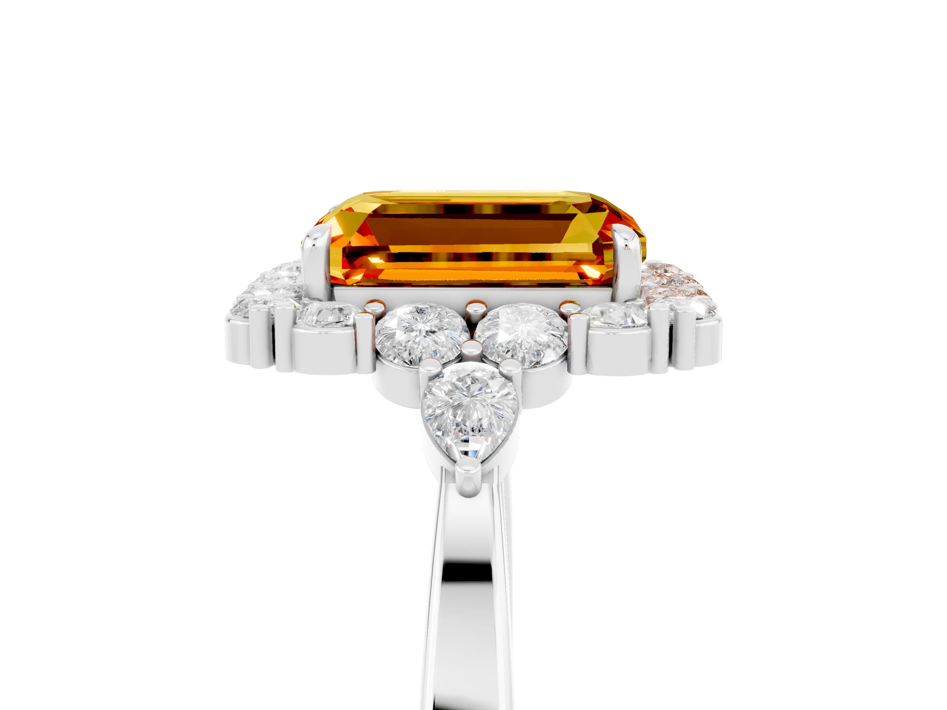 White gold Emerald Cut Citrine Halo Ring with Pear Side Stones and Prong Setting_29