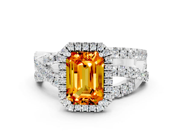 Silver Emerald Cut Citrine Halo Ring with Round Split Shank and Prong Setting