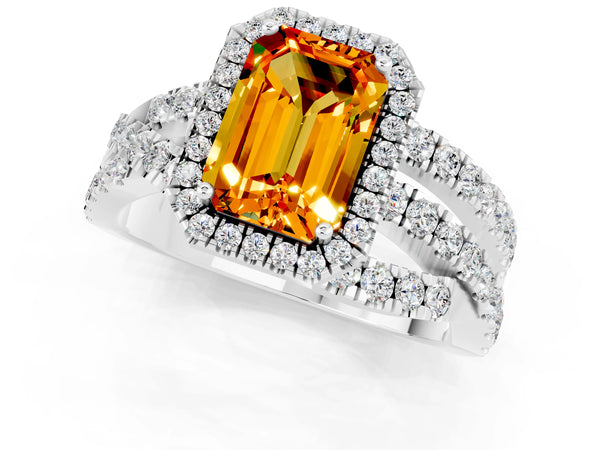 Silver Emerald Cut Citrine Halo Ring with Round Split Shank and Prong Setting
