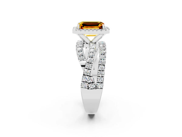 White gold Emerald Cut Citrine Halo Ring with Round Split Shank and Prong Setting