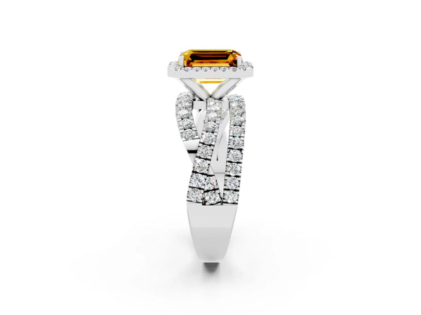 Platinum Emerald Cut Citrine Halo Ring with Round Split Shank and Prong Setting