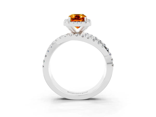 Platinum Emerald Cut Citrine Halo Ring with Round Split Shank and Prong Setting