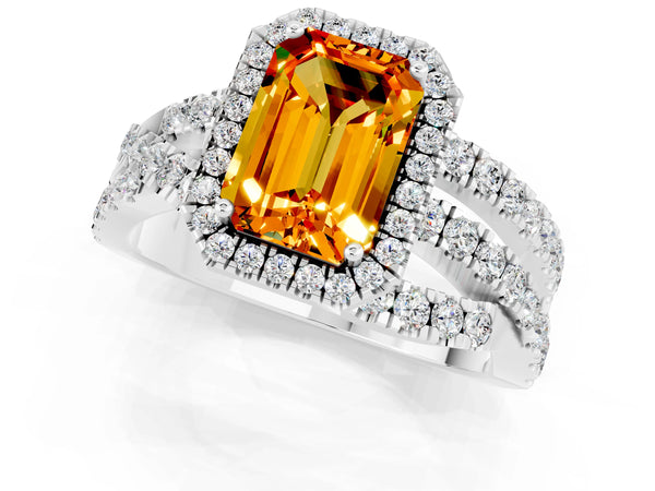White gold Emerald Cut Citrine Halo Ring with Round Split Shank and Prong Setting