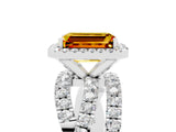White gold Emerald Cut Citrine Halo Ring with Round Split Shank and Prong Setting_65