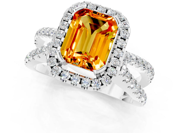 Platinum Emerald Cut Citrine Halo Ring with Split Shank Pavé Band and Prong Setting