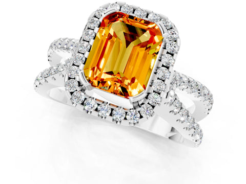 White gold Emerald Cut Citrine Halo Ring with Split Shank Pavé Band and Prong Setting_1