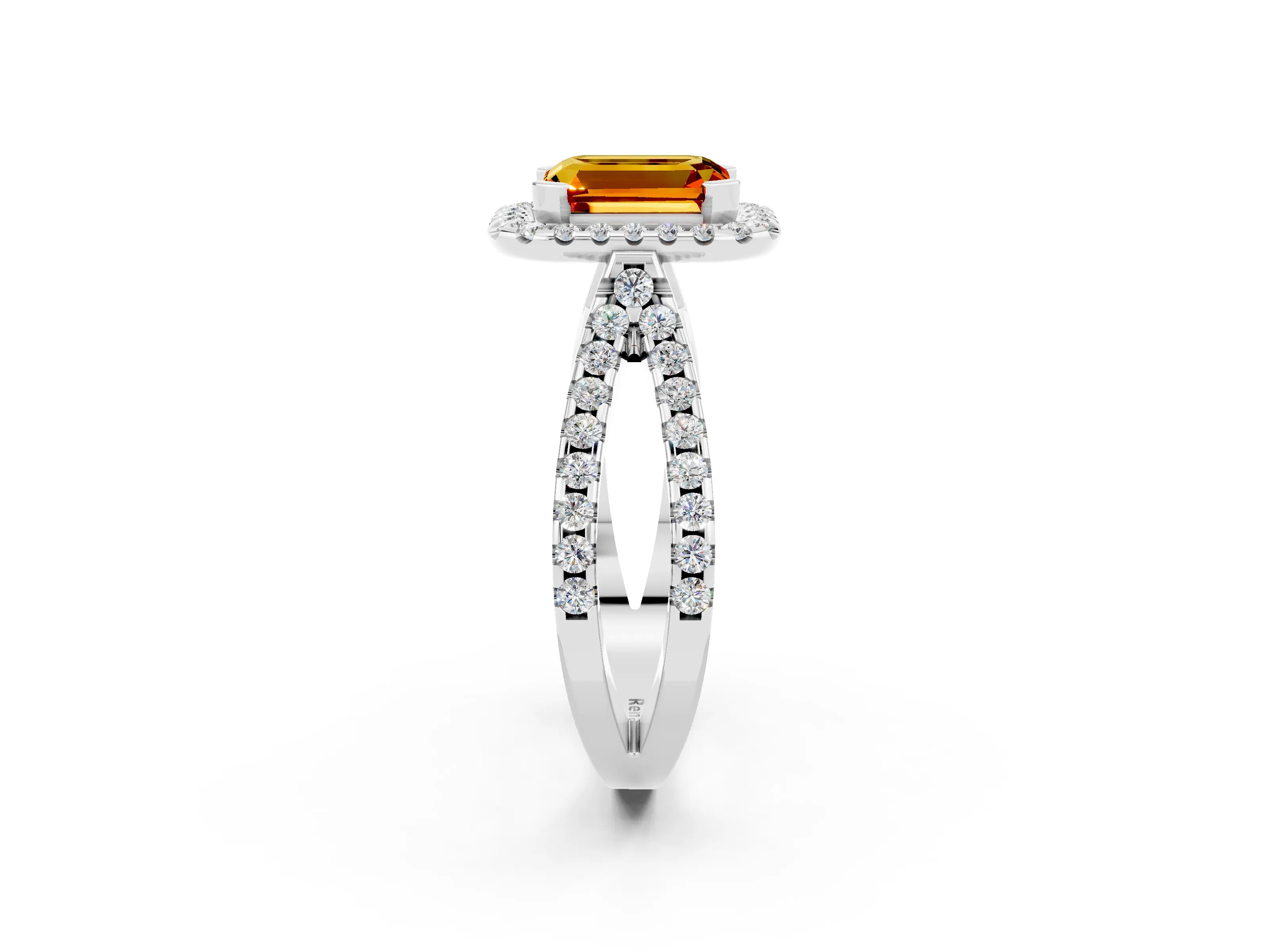 White gold Emerald Cut Citrine Halo Ring with Split Shank Pavé Band and Prong Setting_2