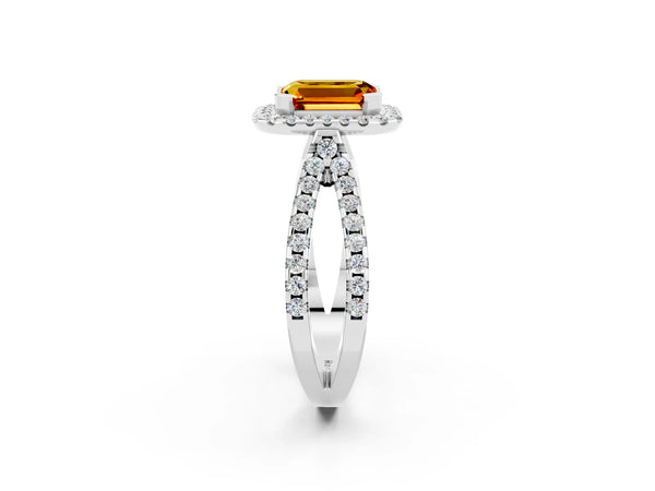 Platinum Emerald Cut Citrine Halo Ring with Split Shank Pavé Band and Prong Setting