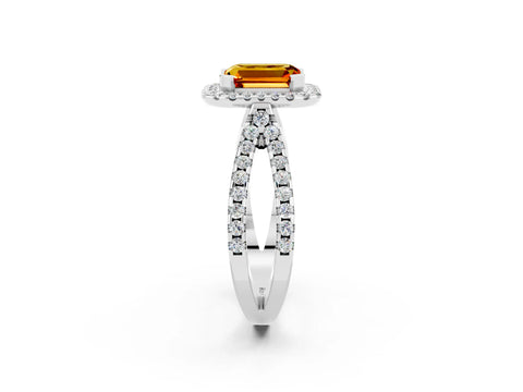 White gold Emerald Cut Citrine Halo Ring with Split Shank Pavé Band and Prong Setting_2
