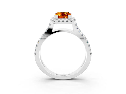 White gold Emerald Cut Citrine Halo Ring with Split Shank Pavé Band and Prong Setting_3