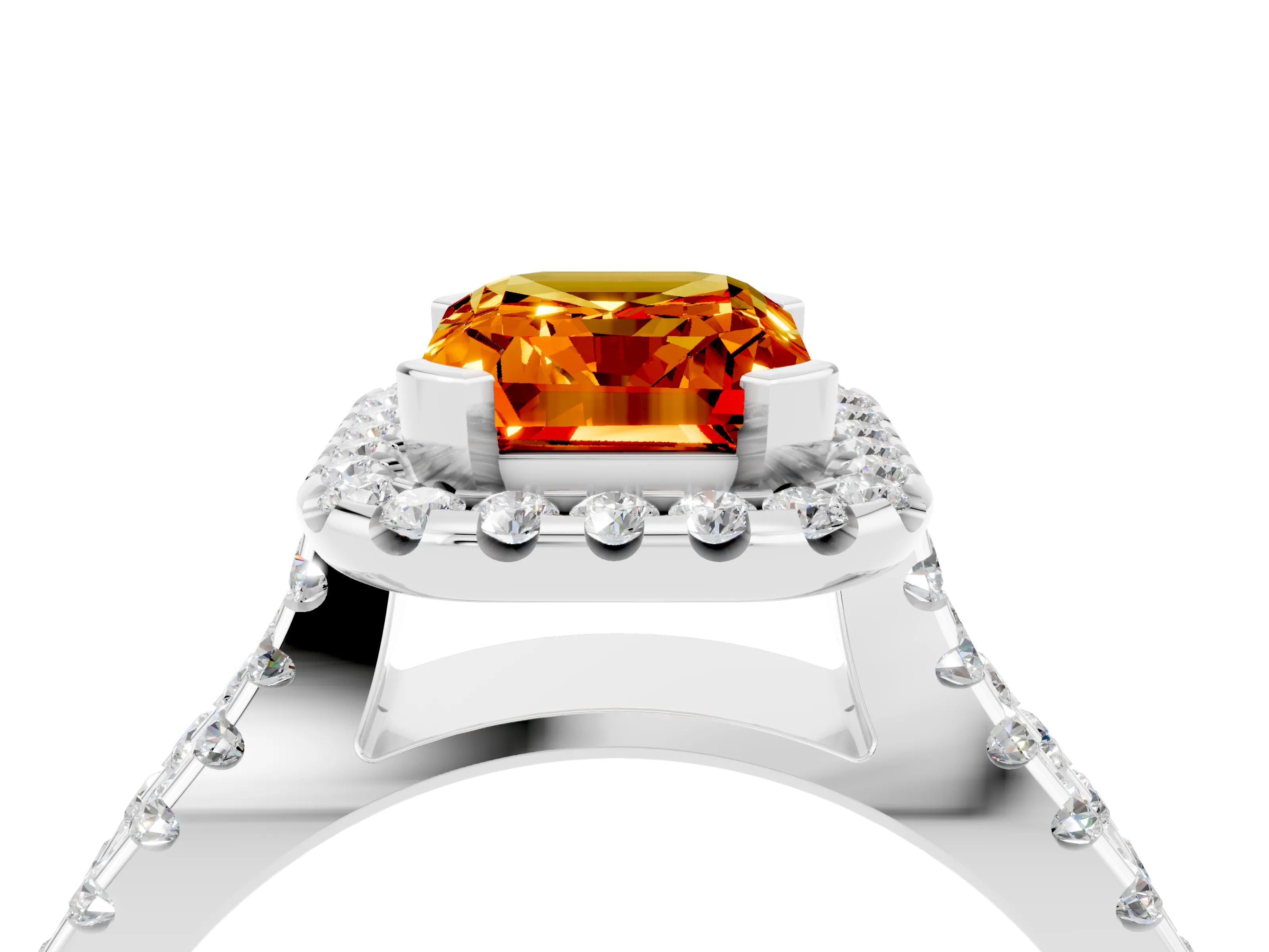 White gold Emerald Cut Citrine Halo Ring with Split Shank Pavé Band and Prong Setting_4