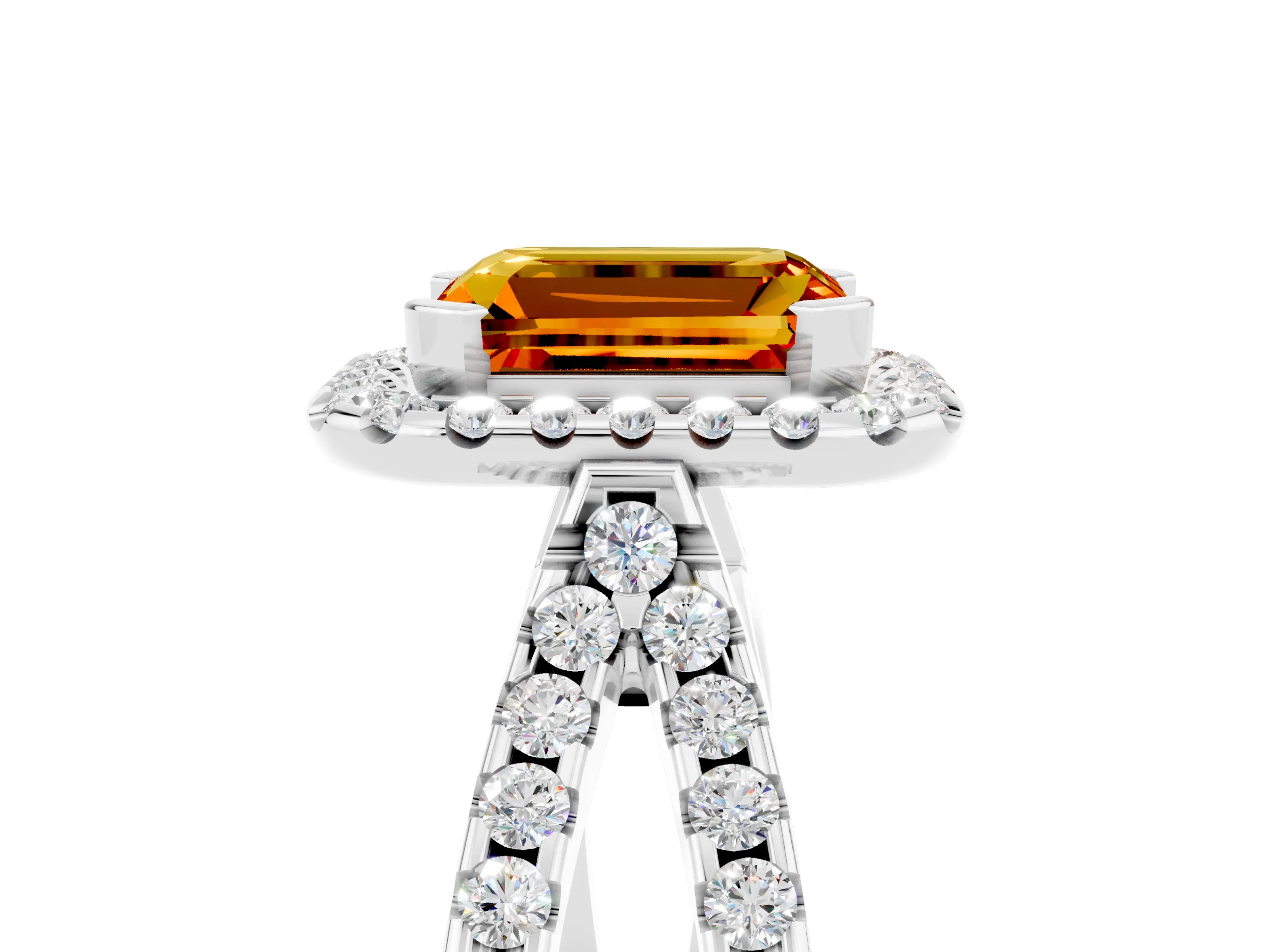White gold Emerald Cut Citrine Halo Ring with Split Shank Pavé Band and Prong Setting_5