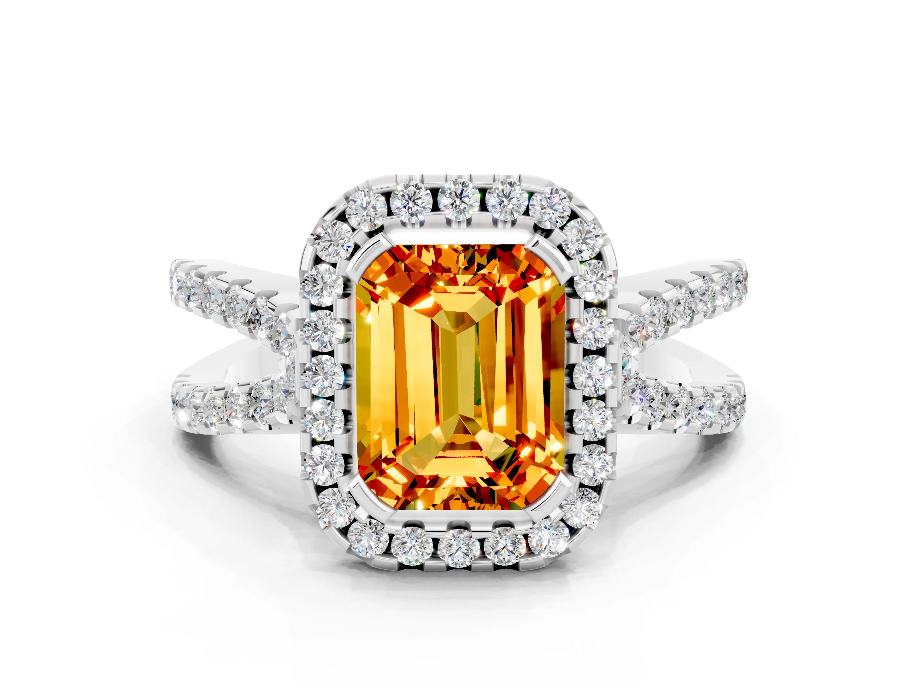 White gold Emerald Cut Citrine Halo Ring with Split Shank Pavé Band and Prong Setting