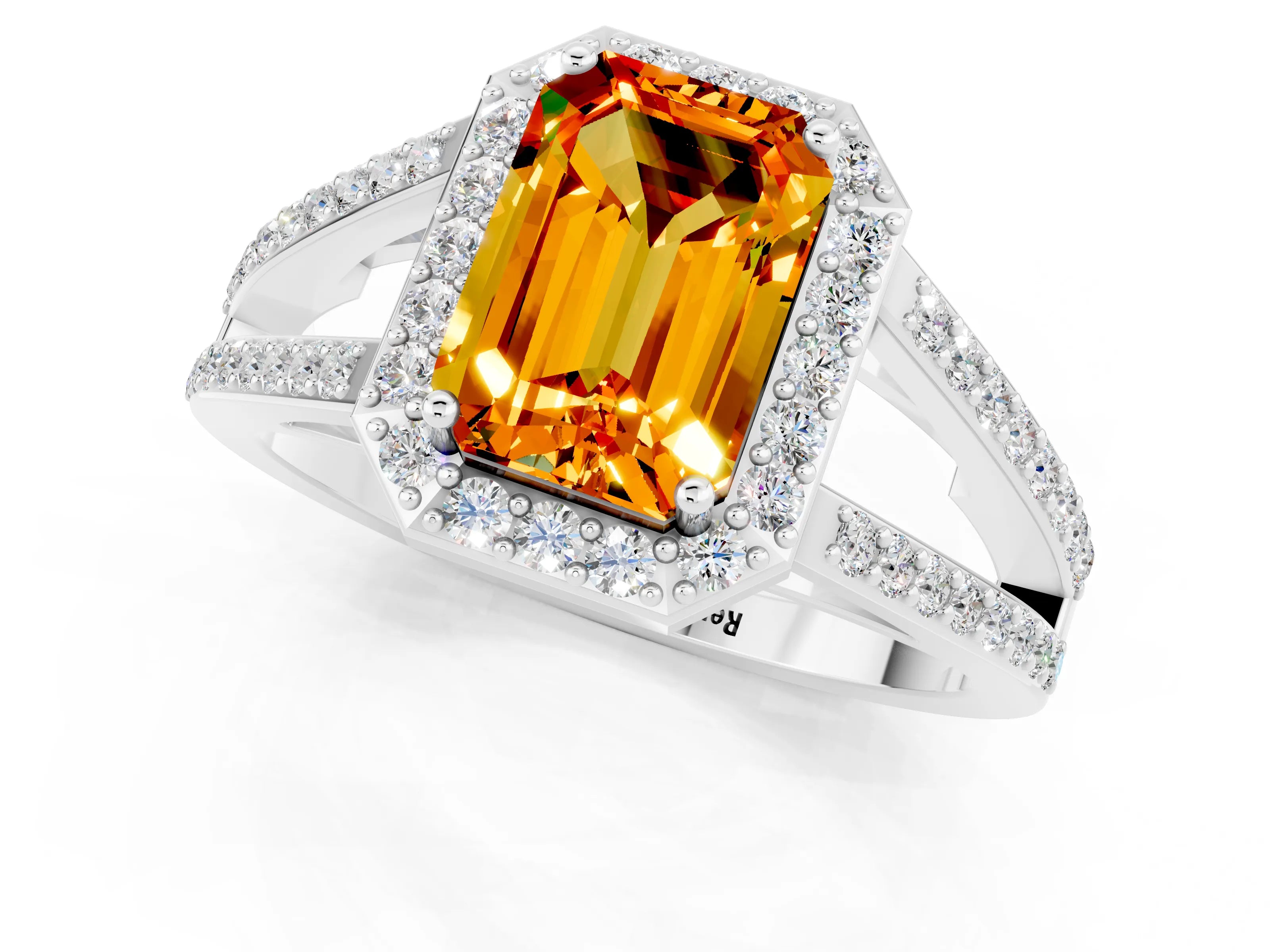White gold Emerald Cut Citrine Halo Ring with Split Shank U-Prong Band and Four-Prong Setting_1