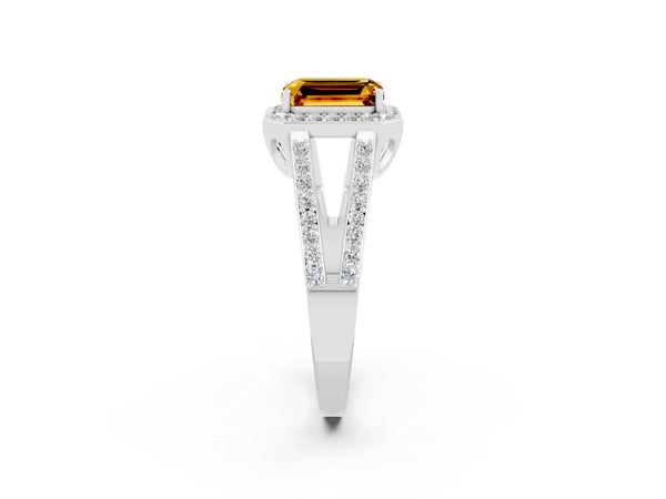 Platinum Emerald Cut Citrine Halo Ring with Split Shank U-Prong Band and Four-Prong Setting