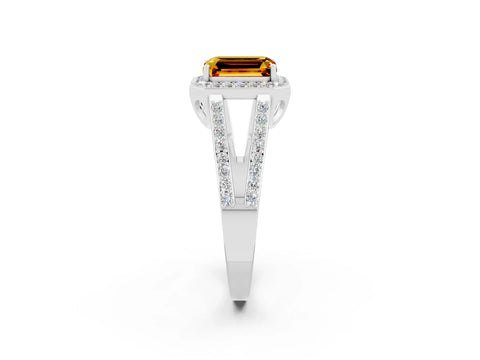 White gold Emerald Cut Citrine Halo Ring with Split Shank U-Prong Band and Four-Prong Setting_2