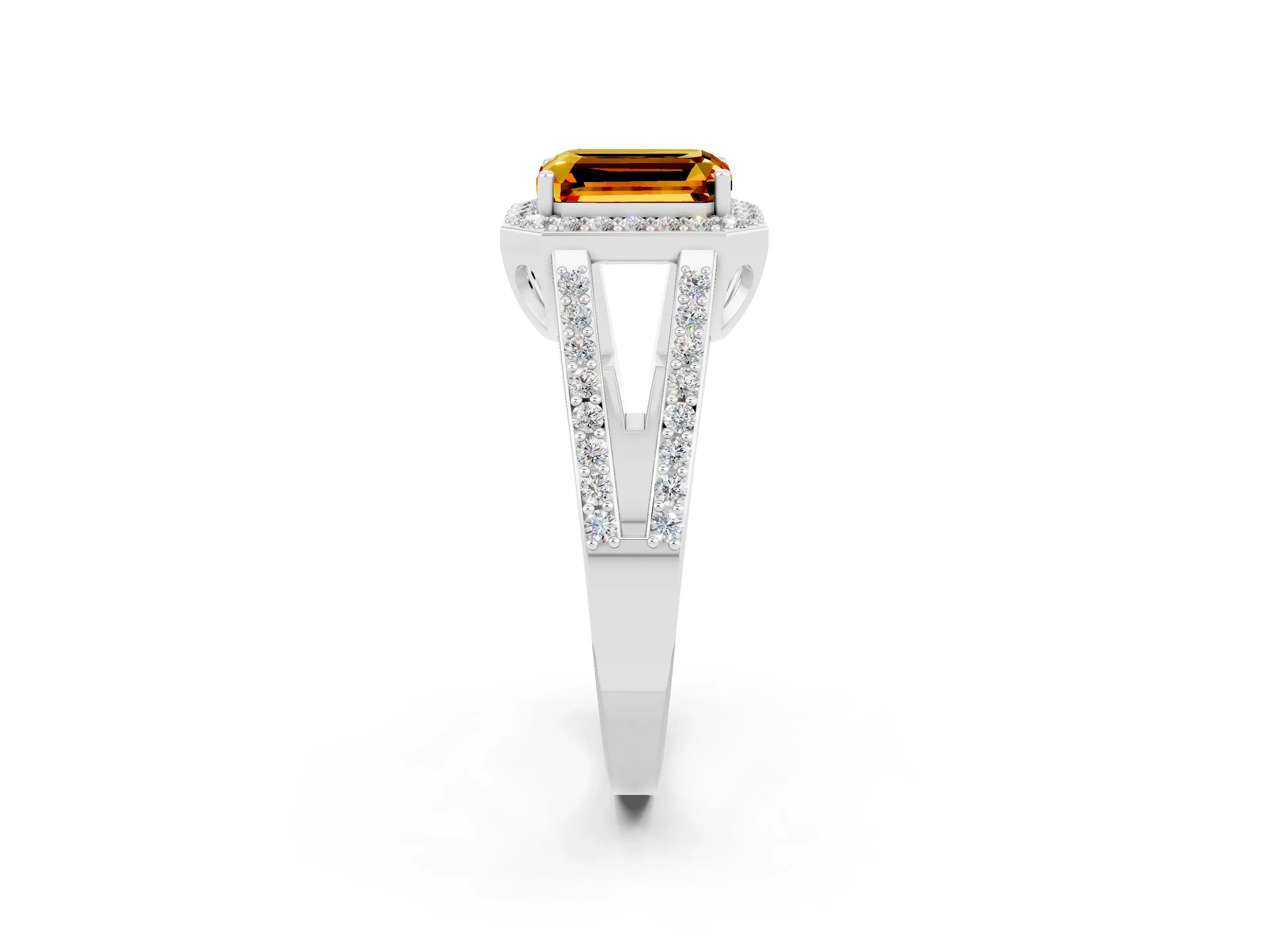 White gold Emerald Cut Citrine Halo Ring with Split Shank U-Prong Band and Four-Prong Setting_2