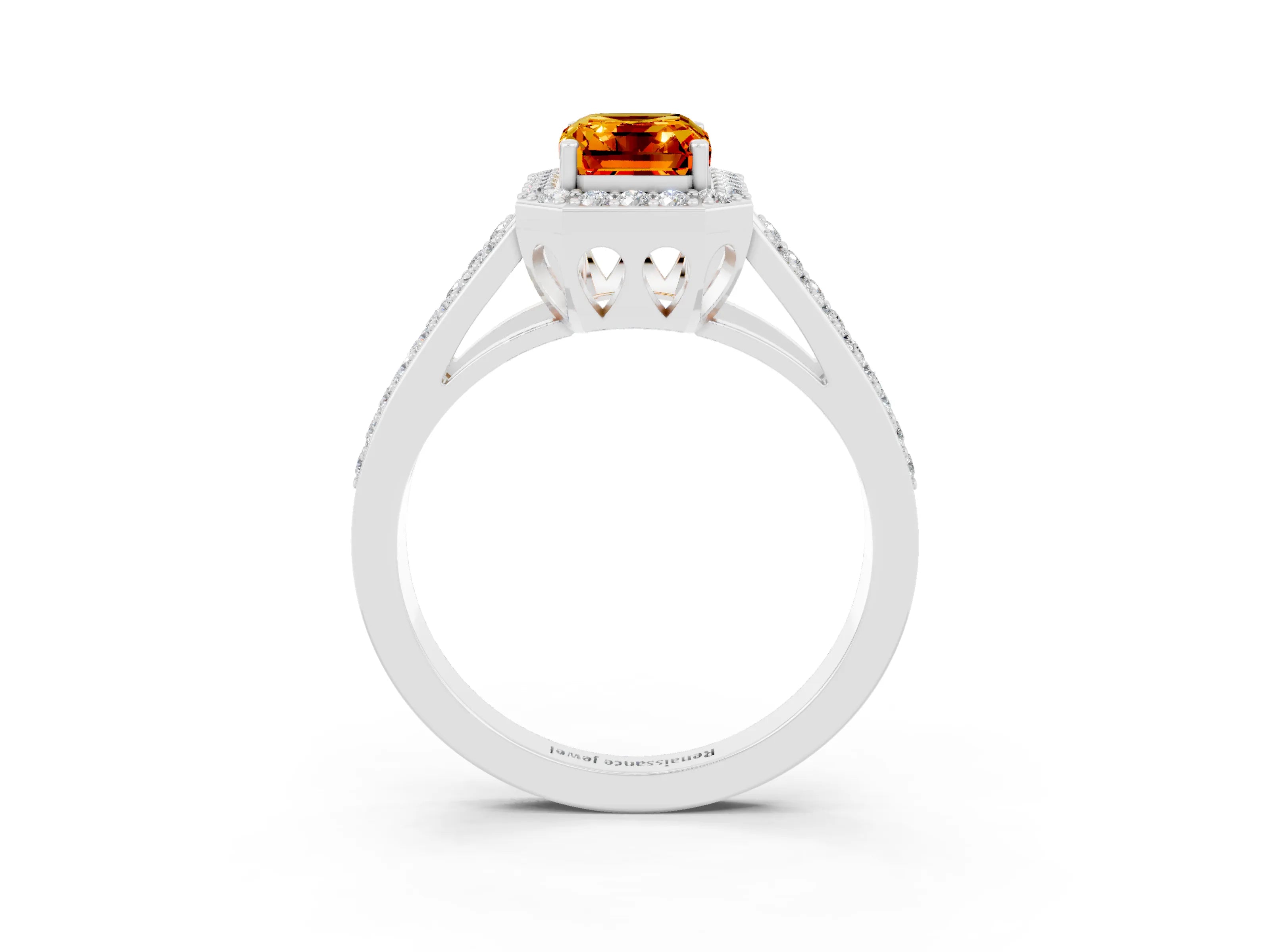 White gold Emerald Cut Citrine Halo Ring with Split Shank U-Prong Band and Four-Prong Setting_3
