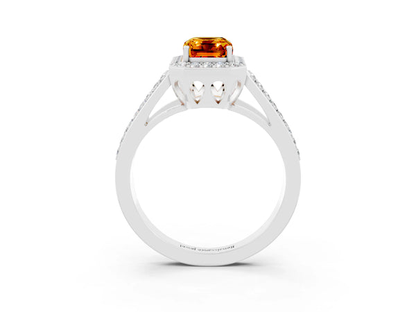 White gold Emerald Cut Citrine Halo Ring with Split Shank U-Prong Band and Four-Prong Setting