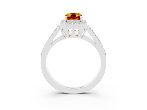White gold Emerald Cut Citrine Halo Ring with Split Shank U-Prong Band and Four-Prong Setting_3