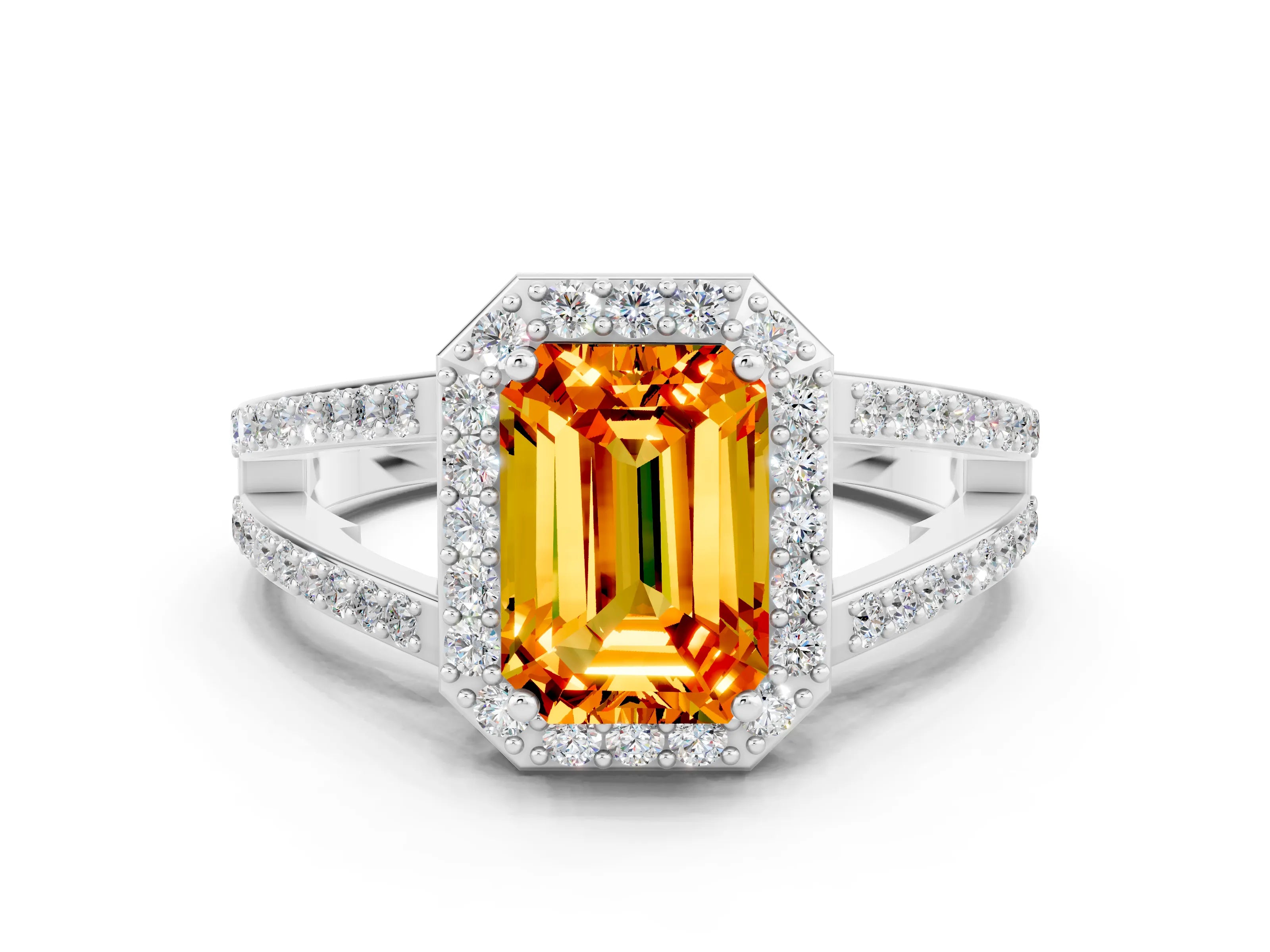 White gold Emerald Cut Citrine Halo Ring with Split Shank U-Prong Band and Four-Prong Setting