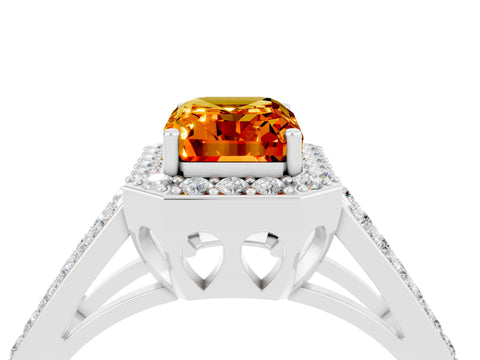 White gold Emerald Cut Citrine Halo Ring with Split Shank U-Prong Band and Four-Prong Setting_4