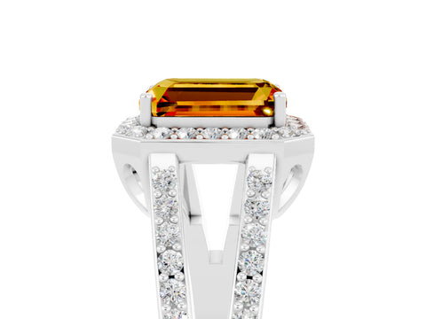 White gold Emerald Cut Citrine Halo Ring with Split Shank U-Prong Band and Four-Prong Setting_5