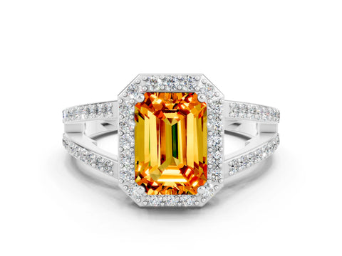 White gold Emerald Cut Citrine Halo Ring with Split Shank U-Prong Band and Four-Prong Setting
