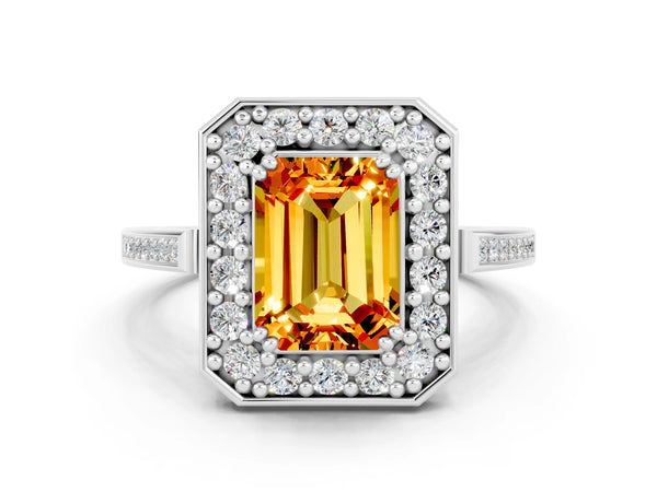 Platinum Emerald Cut Citrine Halo Ring with Split Shank and Four-Prong Setting