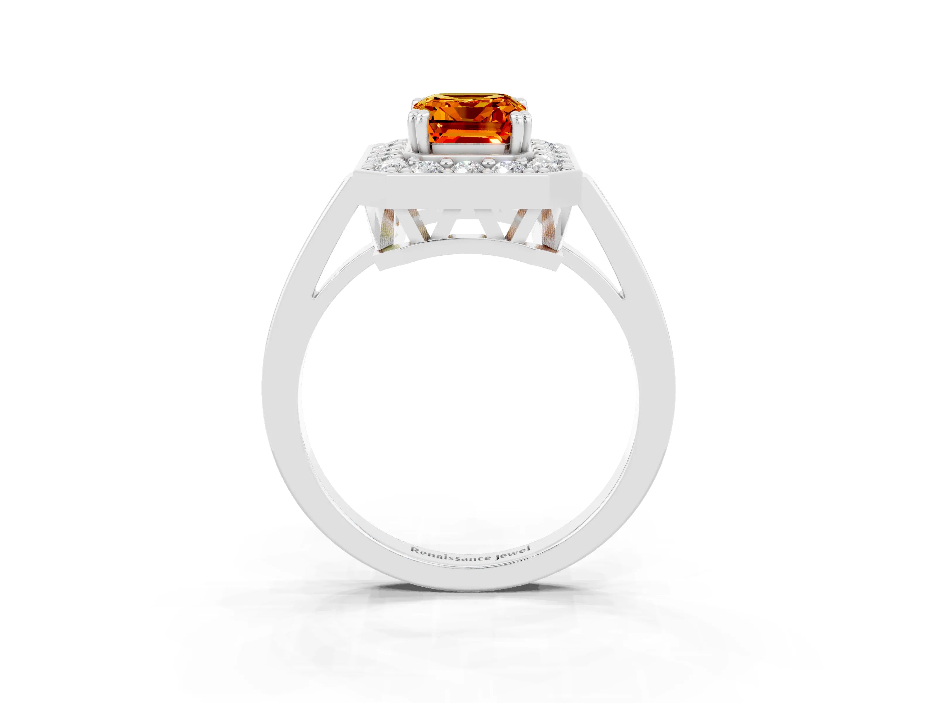 White gold Emerald Cut Citrine Halo Ring with Split Shank and Four-Prong Setting_15