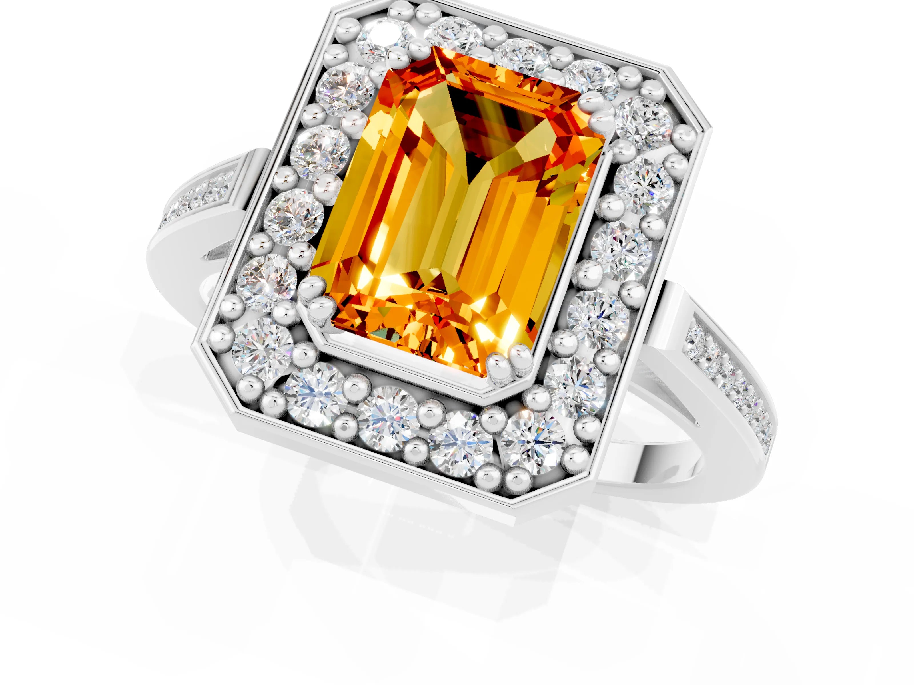 White gold Emerald Cut Citrine Halo Ring with Split Shank and Four-Prong Setting_1