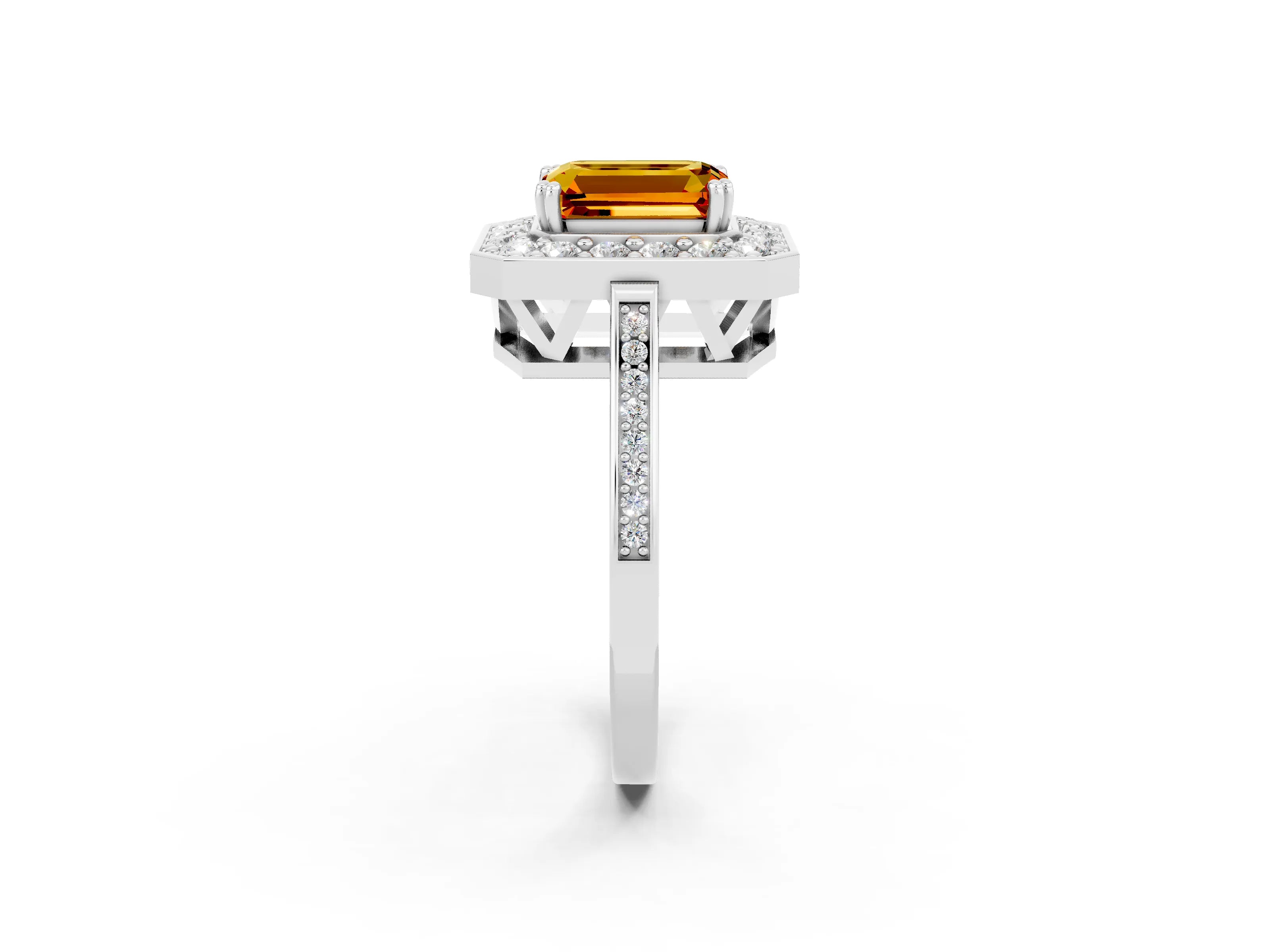 White gold Emerald Cut Citrine Halo Ring with Split Shank and Four-Prong Setting_2